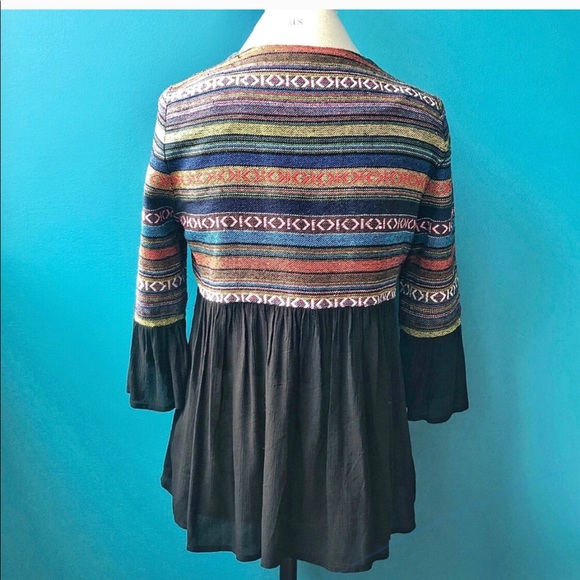 Anthro Pleione Aztec Print Short Sleeve Tie Top - Picture 2 of 7